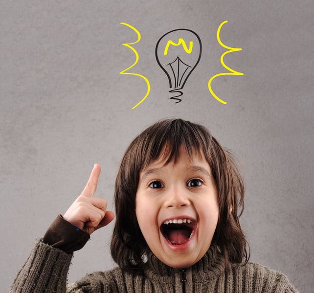 Excellent idea, kid with illustrated bulb above his head Excellent idea, kid with illustrated bulb above his head